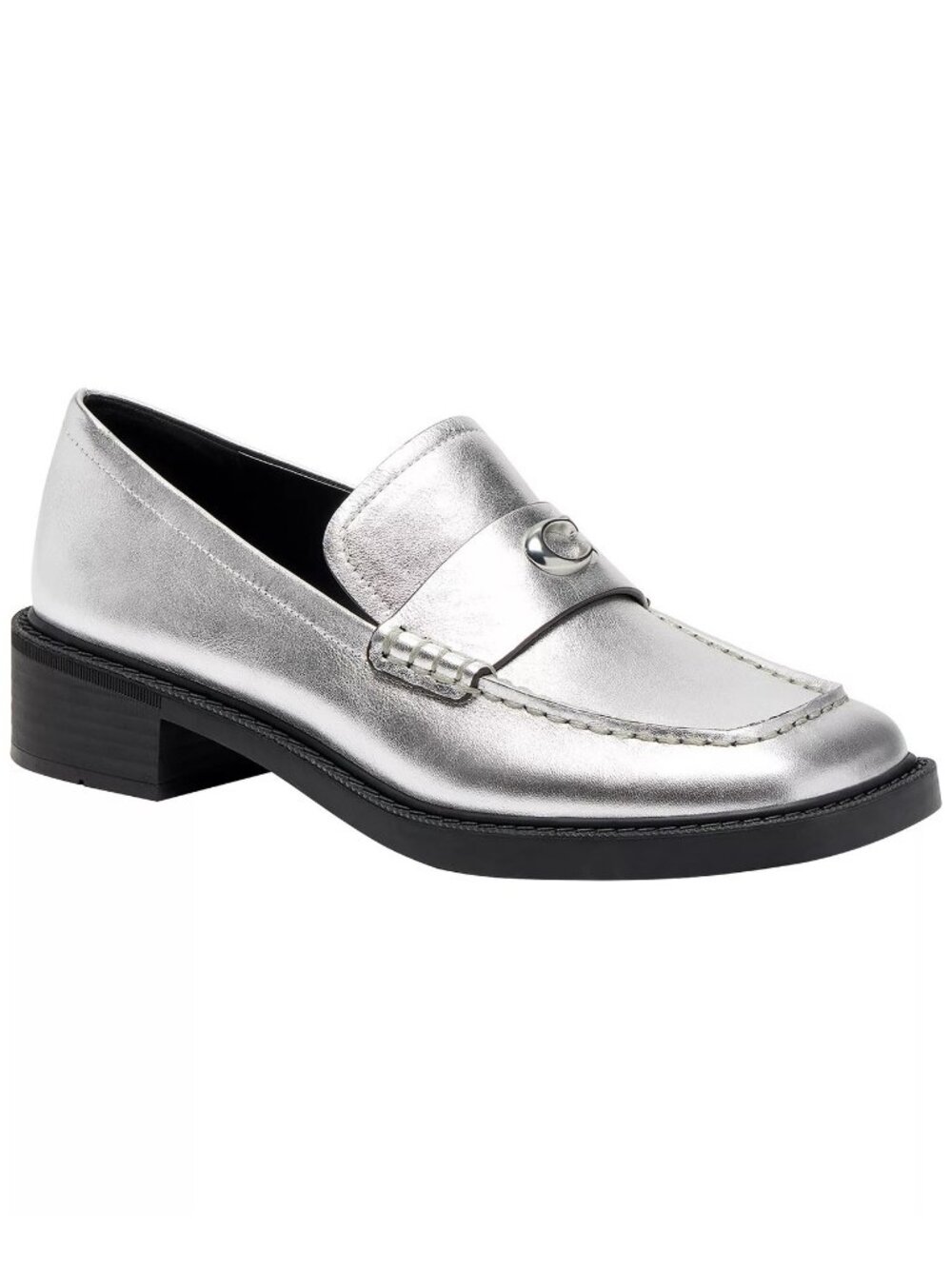 Coach Glazed Penny Loafer Women Silver 8.5 Metallic Leather Square Slip-On Shoes